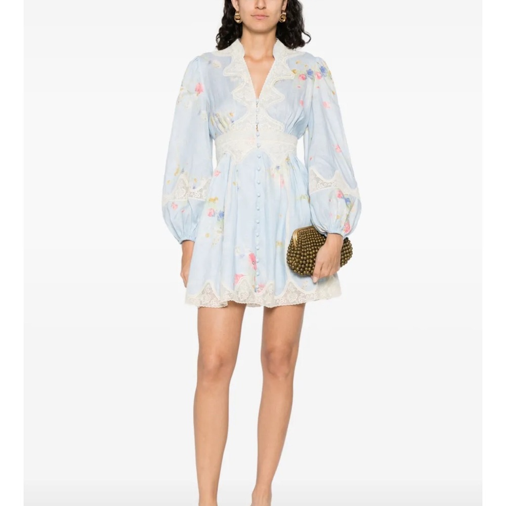 Zimmermann Blue and White Ruffled Tie Front Mini Dress